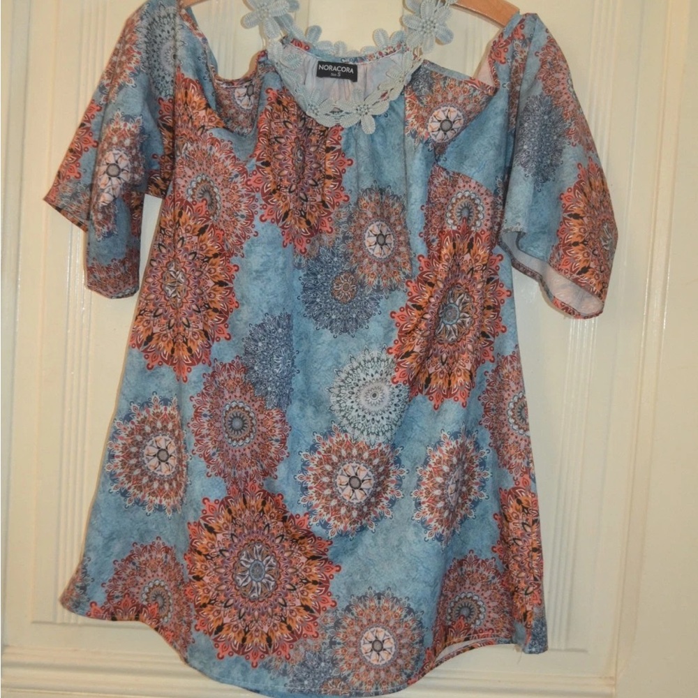 Blue Floral Cold-Shoulder Women's Top
